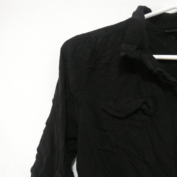 MAJORA | large | Black Button-Up Shirt | Scrunched Roll Tab Sleeves | Pockets - Picture 3 of 16